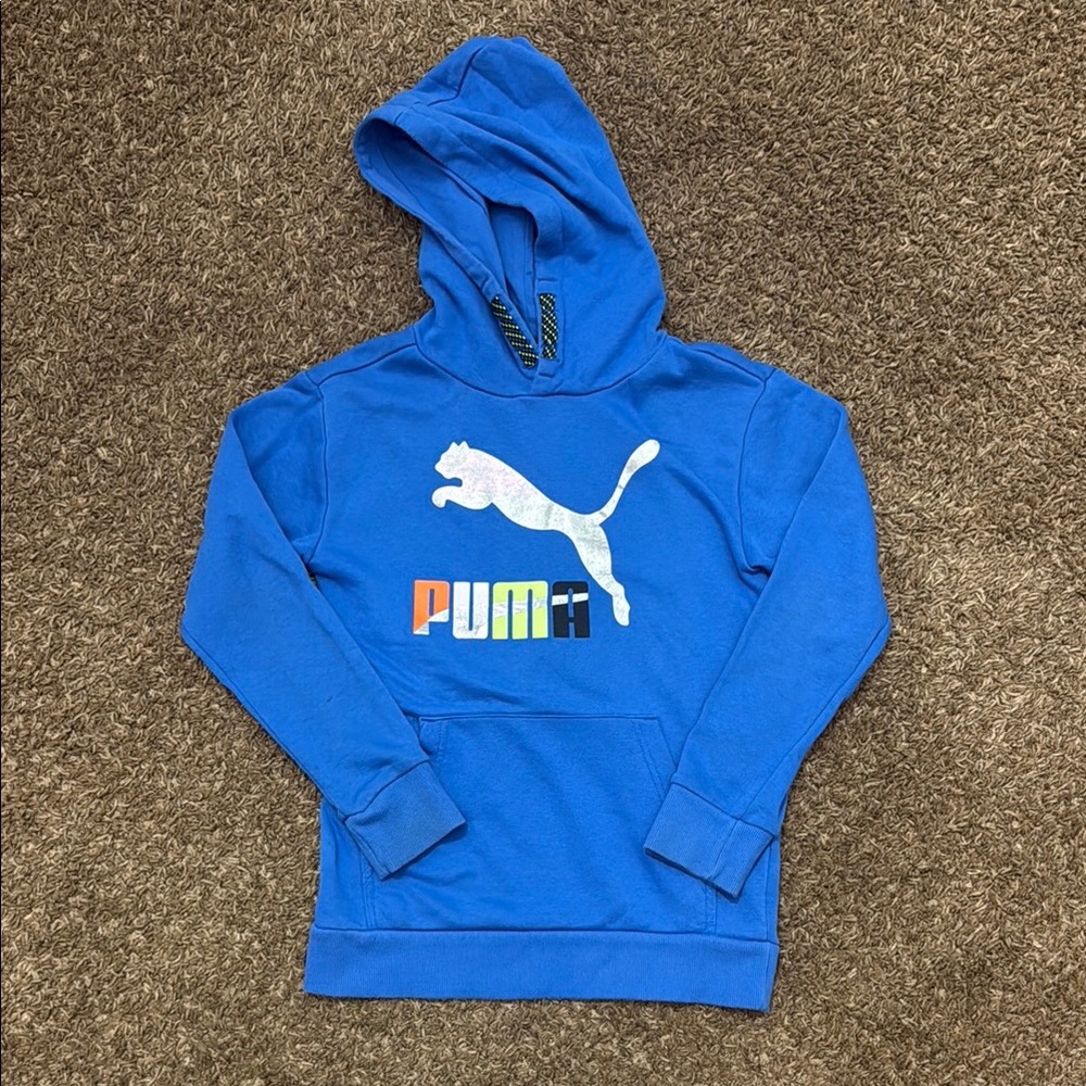 Kids Puma Blue Hoodie with Multicolor Logo